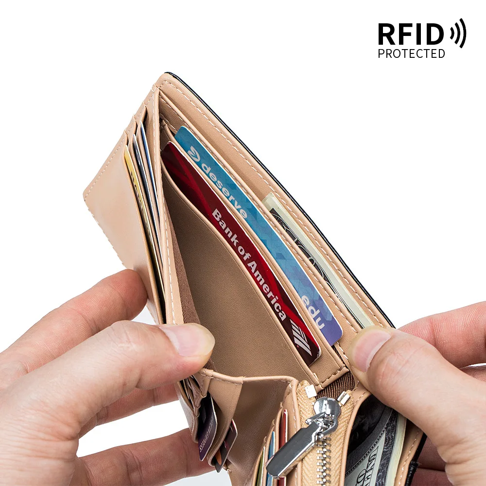 Contrast color 100% genuine leather retro short men's purse RFID cowhide large capacity zipper zero wallet multi-card card bag