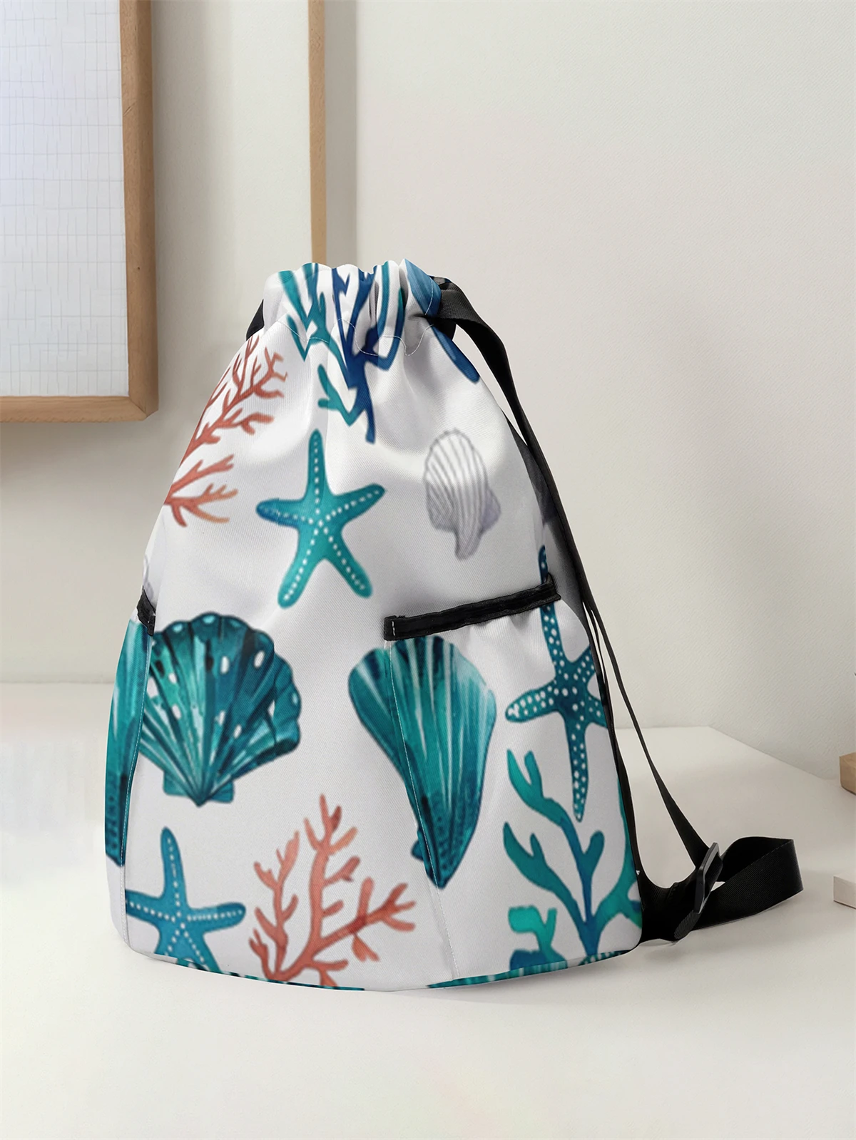 Shell Pattern Drawstring Backpack - Large Capacity Durable Fitness Bag, Adjustable Shoulder Straps, Sports Beach Backpack