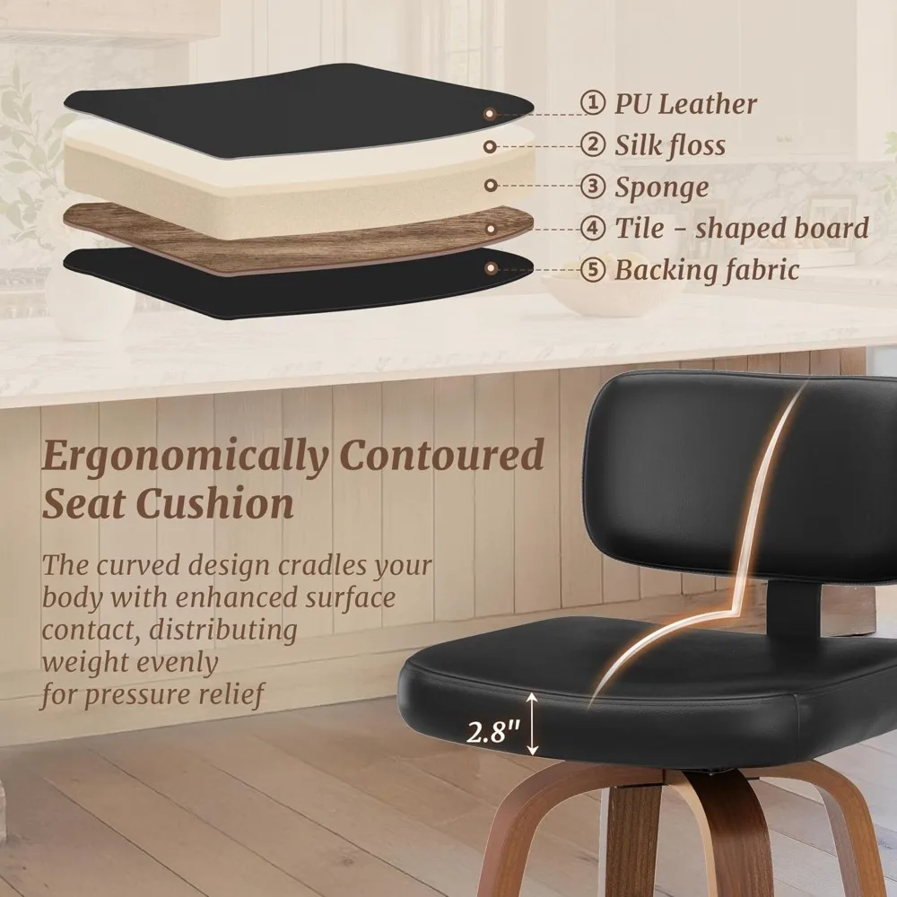 Set of 4 Swivel Counter Height Bar Stools – Mid-Century PU Leather, Walnut Legs 4