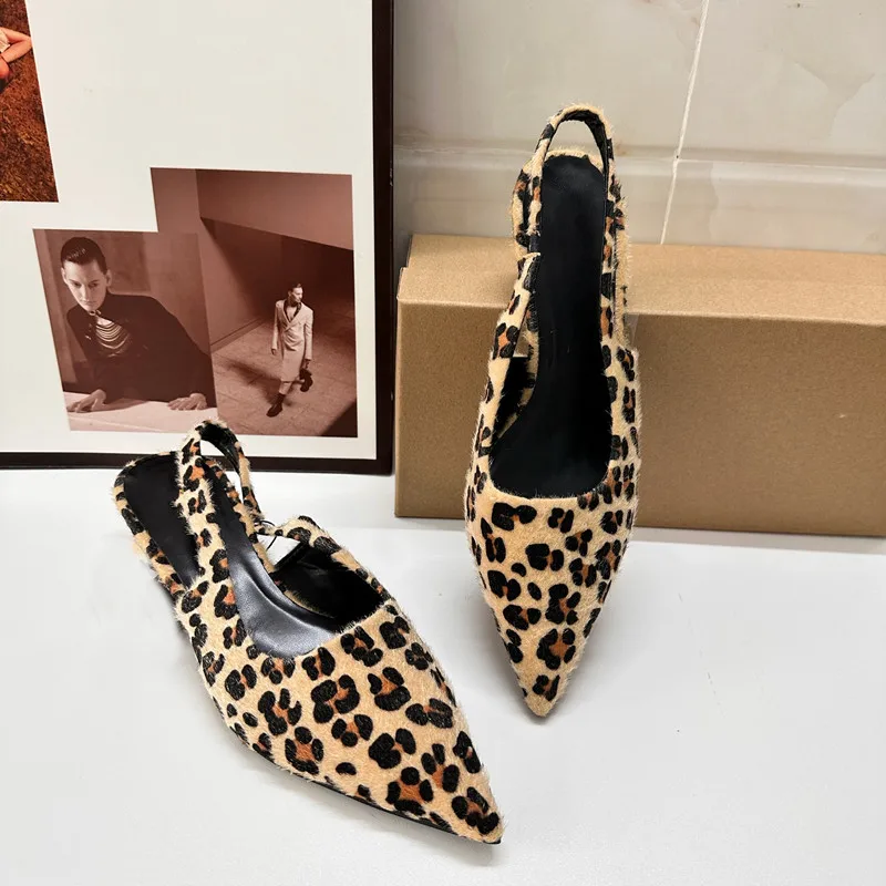 TRAF Women's Flat Bottom Slingback Sandals Leopard Pointed End Woman Mules Autumn Fashion Animal Print Low-heel Beach Shoes