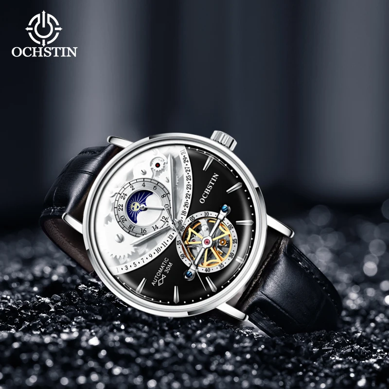 OCHSTIN Masterpiece Series Flywheel Hollow Mechanical Mens Watch Pot Lid Three-dimensional Glass Leather Strap Mechanical Watch