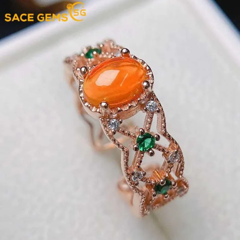 

SACEGEMS New Luxury 925 Sterling Silver Certified 5*7MM Natural Opal Rings for Women Engagement Cocktail Party Fine Jewelry Gift