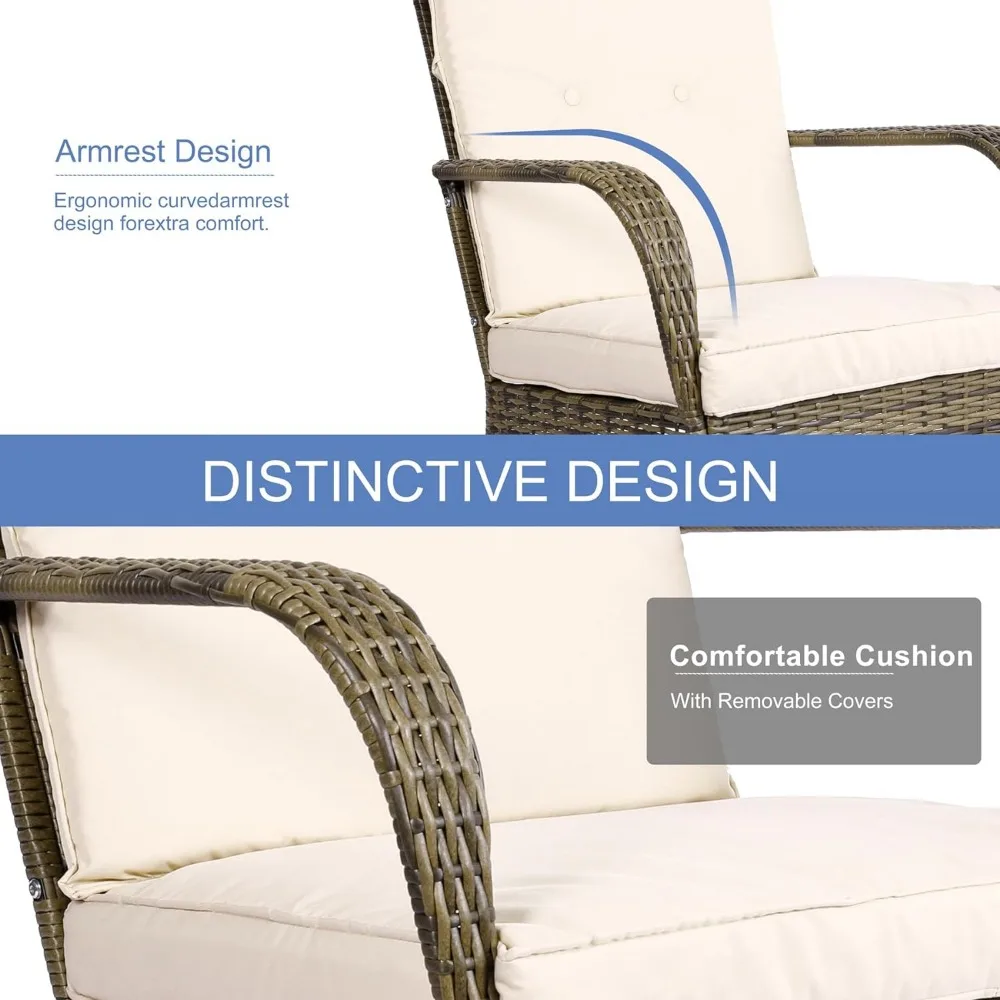 3 Pieces Outdoor Rocking Chairs Wicker Bistro Set, Outdoor Furniture Set with Porch Chairs and Coffee Table , Beige 4