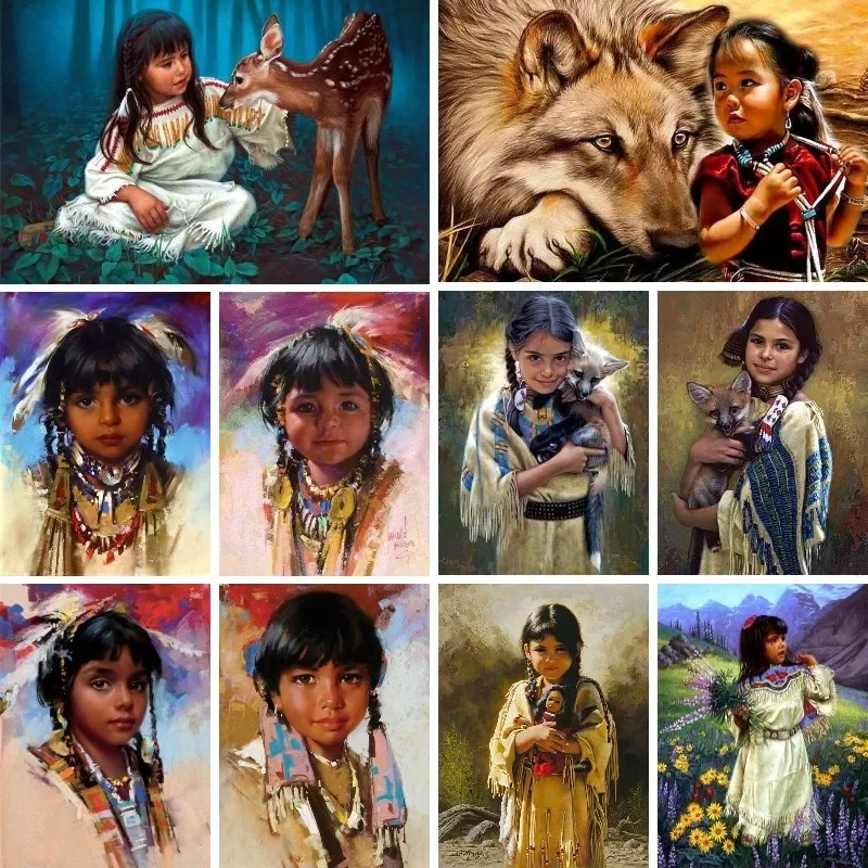 Full Drills Diamond Art Painting Cross Stitch Mosaic Paints with Diamonds Handicraft Portrait Indians Girls Children Home Decor