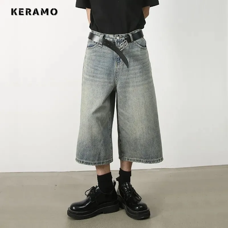 

2024 Summer Women's Harajuku Casual Style Jeans Vintage Aesthetic Blue Washed Shorts Y2K Wide Leg Punk Baggy Denim Shorts