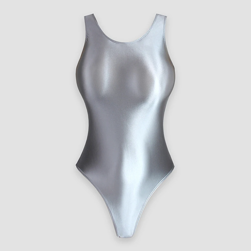 Dance Bodysuit Adult Women Tight Bodysuit Jumpsuit Glossy Silk Solid Color High Cut Sherpin Shaped Gymnastics Leotard Swimsuit Dancewear