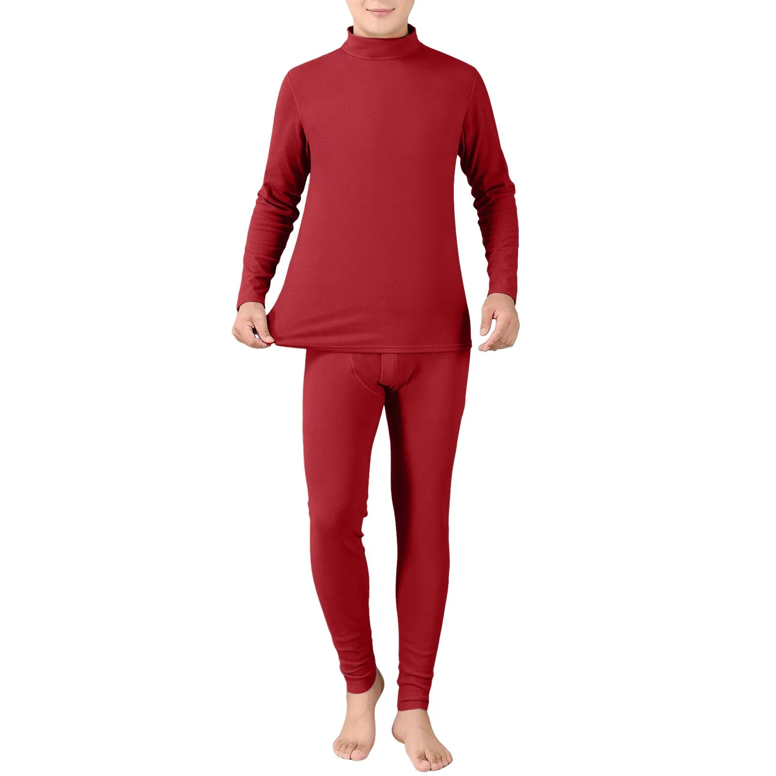 Mens Solid Color Elastic Underwear Set Autumn Winter Thick Soft Thermal Pajamas Crewneck Long Sleeve Pullover Fit Slim Pant Male