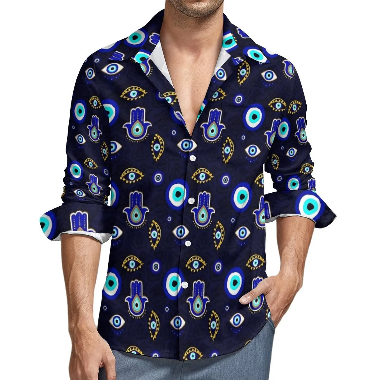 

Hamsa Hand Shirt Men Evil Eye Print Casual Shirts Spring Harajuku Blouses Long Sleeve Vintage Oversize Tops Birthday Present