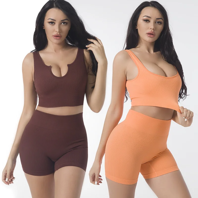 

2PCS Outfits Seamless Women Yoga Set Workout Sportswear Fitness Bra+Sport Shorts Gym Clothing High Waist Shorts Sports Suits