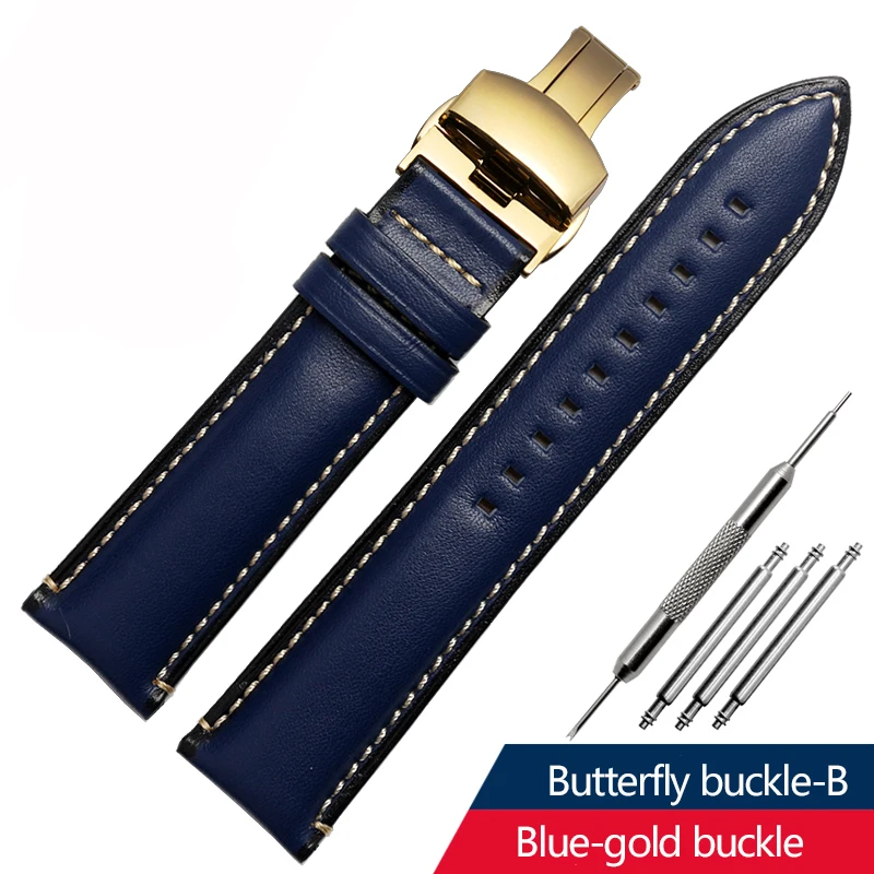 thumbnail image 1 of Correa de reloj de cuero genuino para Breitling Heuer Tudor Seiko Omega para hombres y mujeres, 20 mm, 22 mm, 24 mm, pulsera de reloj marrón y azul, 1 of 5
