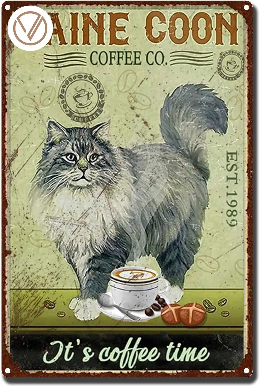 

Cat Tin Sign - Retro Coffee Cat Metal Sign for Cafe Bar Wall Decor Home Wall Art Signs Decorate - Maine Coon Coffee co.