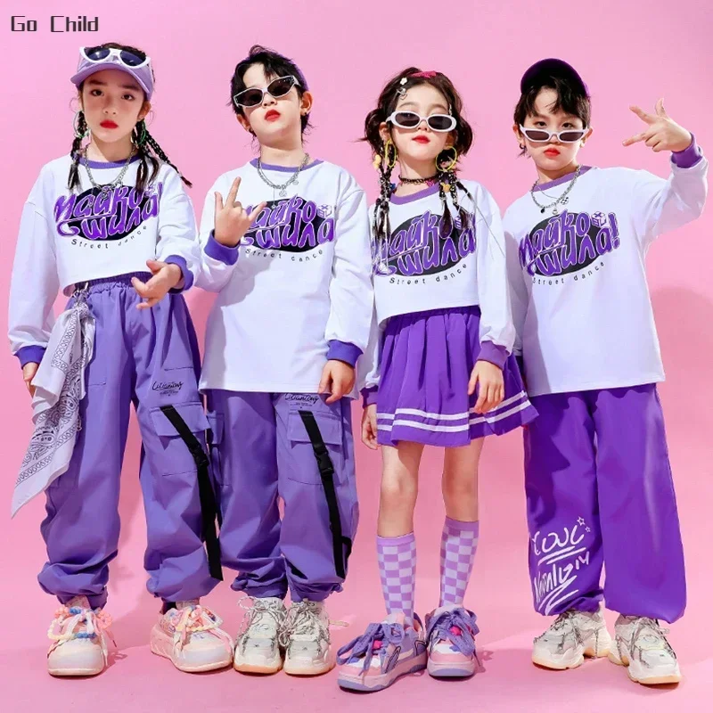 Hip Hop Girls Crop Top Skirts Purple Clothes Sets Boys Jazz Vest