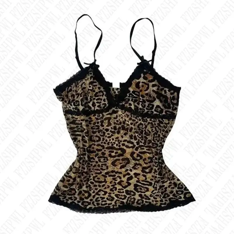 Y2k Crop Top Summer Leopard Printed Bow Women Camis Harajuku Aesthetics Graphic Streetwear Hip Hop Emo-Girl Punk Sexy Sleeveless