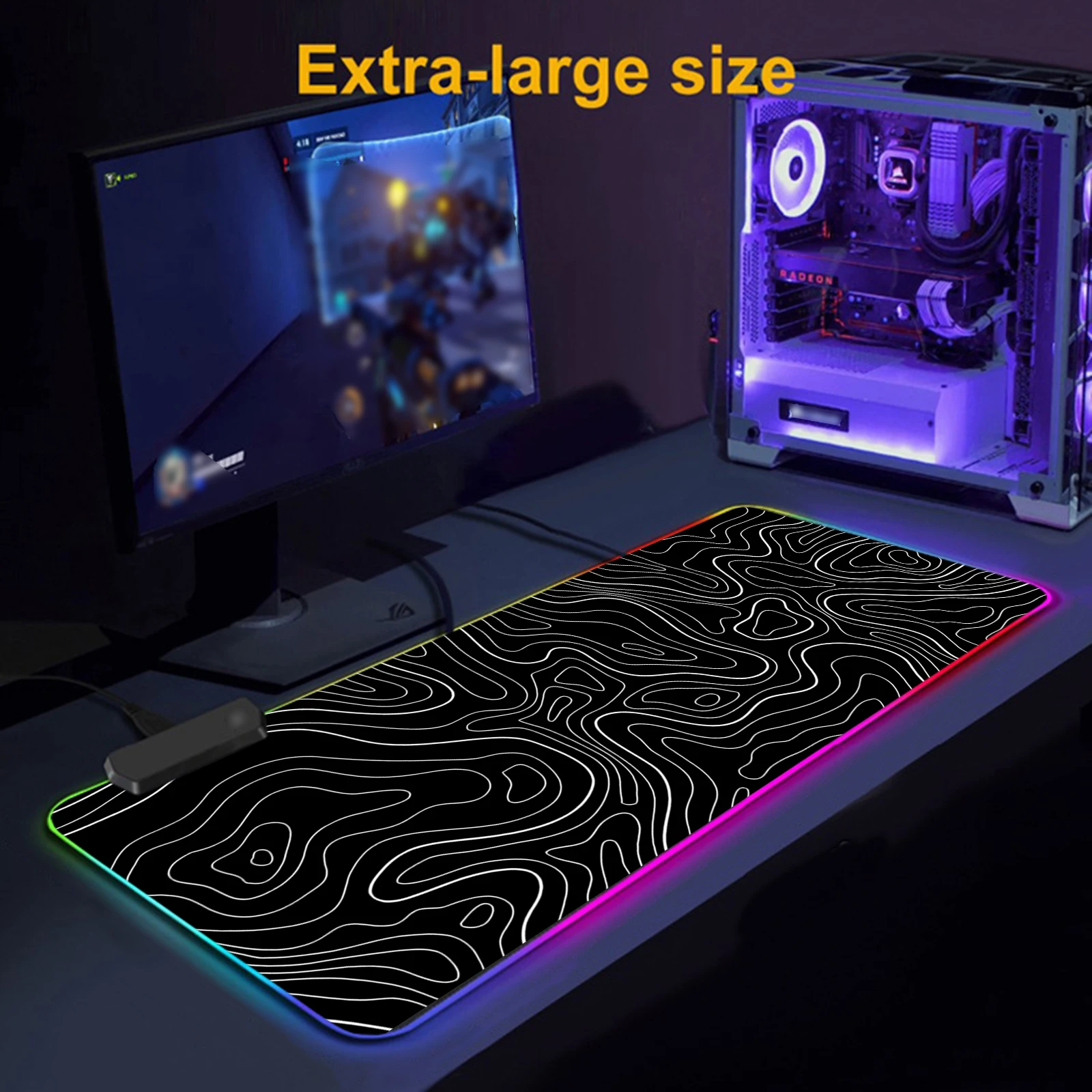 RGB Light Mouse Pad Topographic Black and White Pattern Gaming - Button Control Extended Keyboard Mat Non-Slip Rubber Base 3