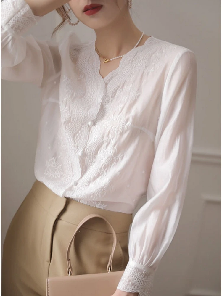 Linen V Neck Long Sleeve Women Blouse