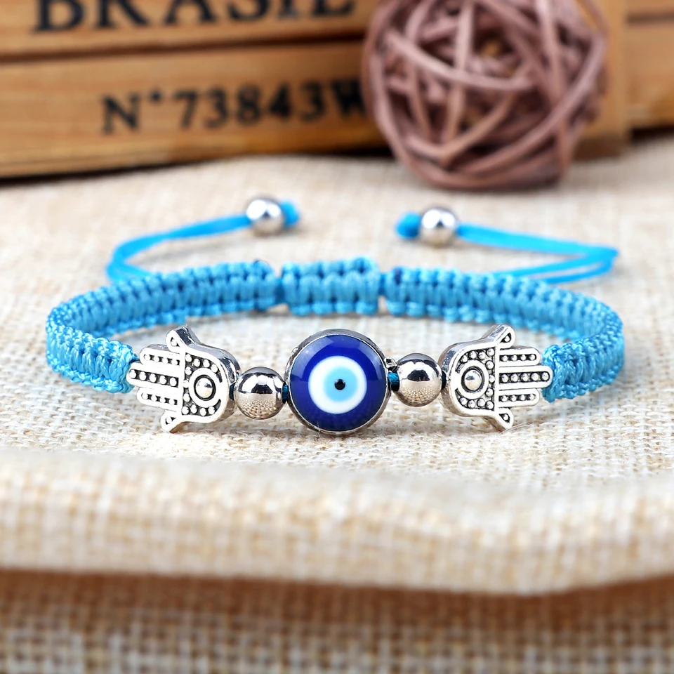 Lot de 2 bracelets en corde noire Main de Hamsa mauvais œil - Pendentif porte bonheur, 18 cm, Laiton Lot de 2 bracelets en corde noire Main de Hamsa mauvais œil - Pendentif porte bonheur, 18 cm, Laiton