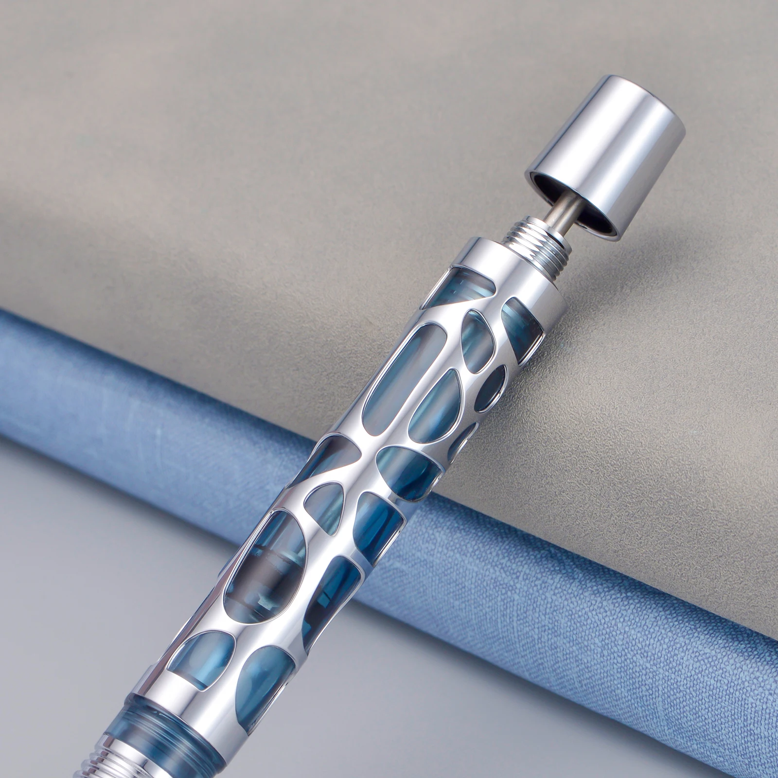 Asvine V169 Vacuum Filling Fountain Pen Gray=Silver Transparent Acrylic Hollow Carved EF/F/M Writing Pen Gift