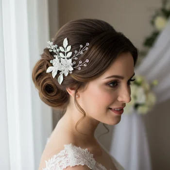 Fermaglio per capelli a U da sposa per cerimonia nuziale con design a foglia e fiore bianco, accento di cristallo scintillante, tenuta sicura per acconciature a coda di cavallo