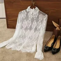Chemisier Sexy en dentelle pour femmes, manches longues évasées, col haut, vêtements intérieurs, chemise en dentelle, tunique de Base, haut Perspective, bas Vintage 2