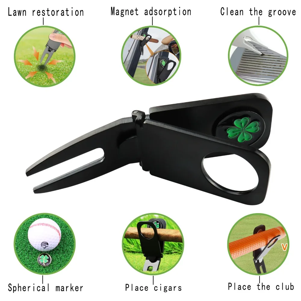 Golf Green Fork Multifunctional 6-in-1 Cigar Holder Ball Fork Mark Marker Ball Position Mark