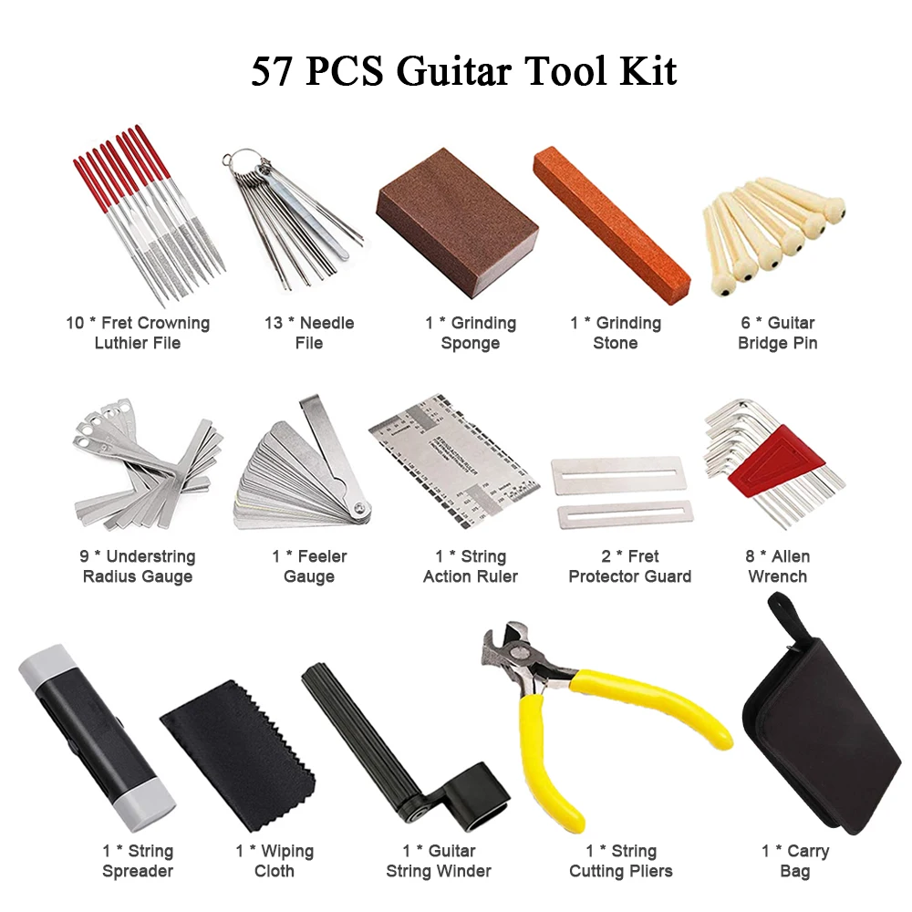 Guitar Tool Kit 14PCS/57PCS/74PCS Carry Bag Repair Tools String Action Ruler Luthier File Guitar Bridge Pins for Ukulele