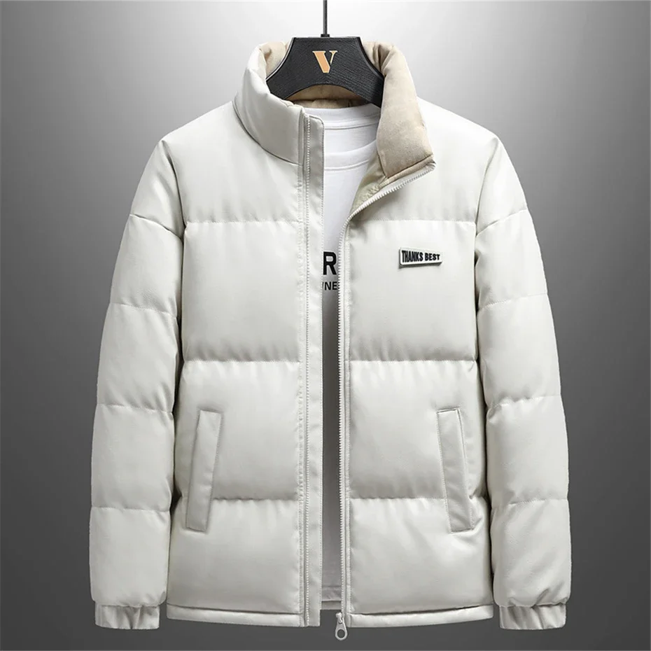 PU Parkas Men Winter Thick Jacket Coat Fashion Casual PU Padded Jacket Male Winter Parkas Solid Color Stand Collar