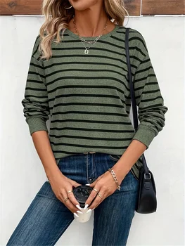 Striped long-sleeved T-shirt crewneck casual top, spring and autumn women's 1