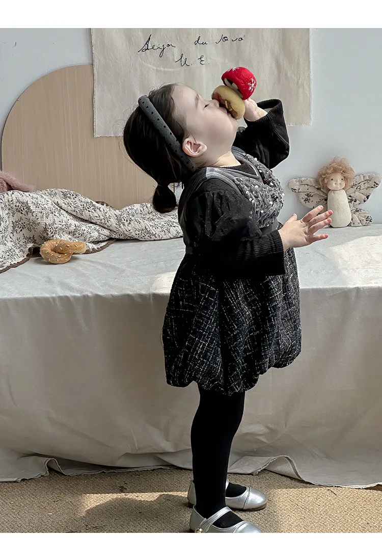 Baby Girl Black Bow Vest Dresses Girls Sisters Rompers Autumn Winter Sweet Dress Korean Infant Birthday Baptism Clothes
