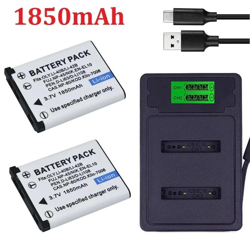 Li-40B Li-42B En-El10 Batteria + Caricatore A Doppio Slot Led Per Olympus Li 40B 42B, Nikon En El10, Finepix Xp70 Xp60 Xp50 T550 1850Mah