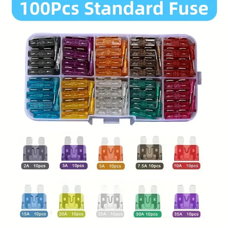 Automotive Fuse Set 100 Pcs 10 Specifications 2A 3A 5A 7.5A 10A 15A 20A 25A 30A 35A Car Fuse Set Lgniter Headlight Insure Insert