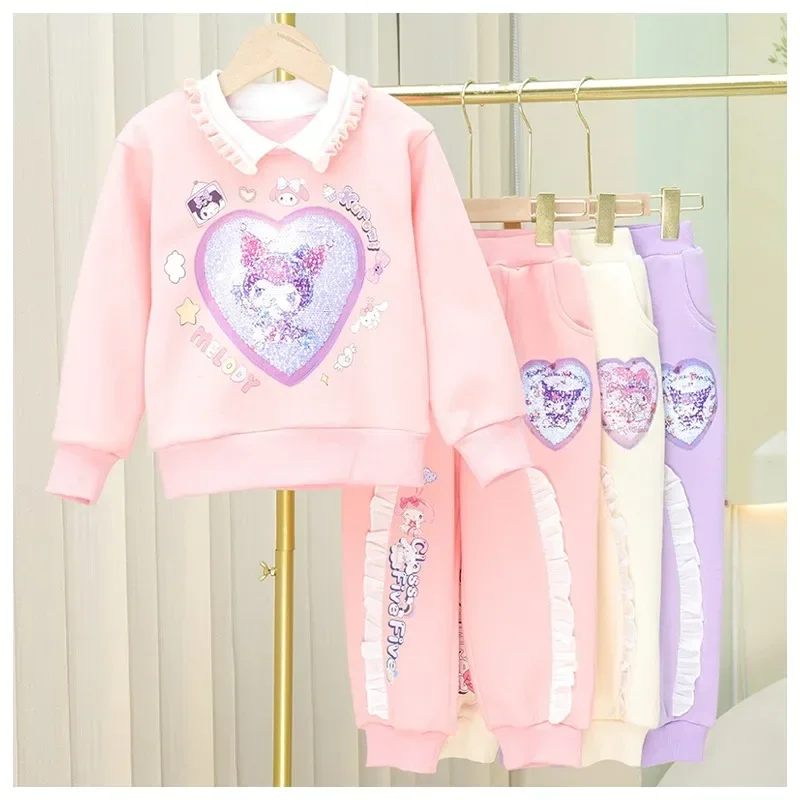 

Sanrioed милый пуловер для девочек, свитер, штаны, мультяшный рисунок My Melody Kuromi, хлопковая свободная облегающая спортивная одежда, детские подарки