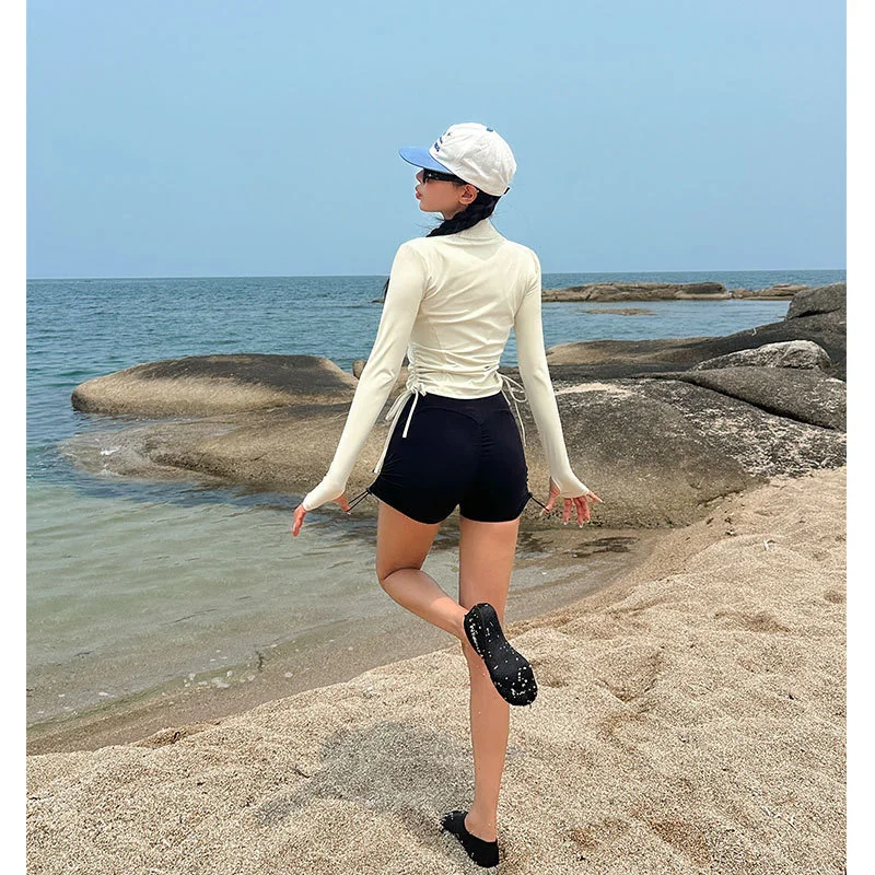 Women Two Piece Long Sleeve Rash Guard Sets Built in Bra Swim Shirt Side Draw String Top Boyshorts Sunsuit Beachwear rash guard
