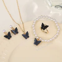4pcs/Set Sweet Jewelry Set Butterfly Pendant Imitation Pearl Necklace for Women Pearl Earrings Girl Jewellery Women Gift 2