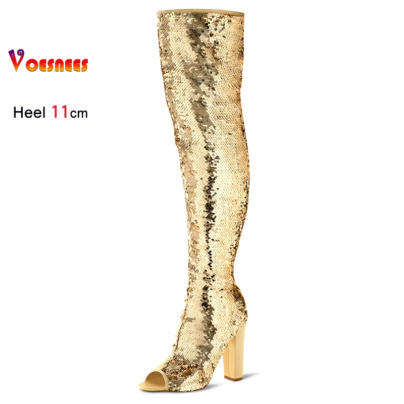 Gold Sequin Women Boots Colorful Pointed Toe Square Heels Woman Fashion Bling Leather  Peep Toe Shoes 11CM Over The Knee Boots