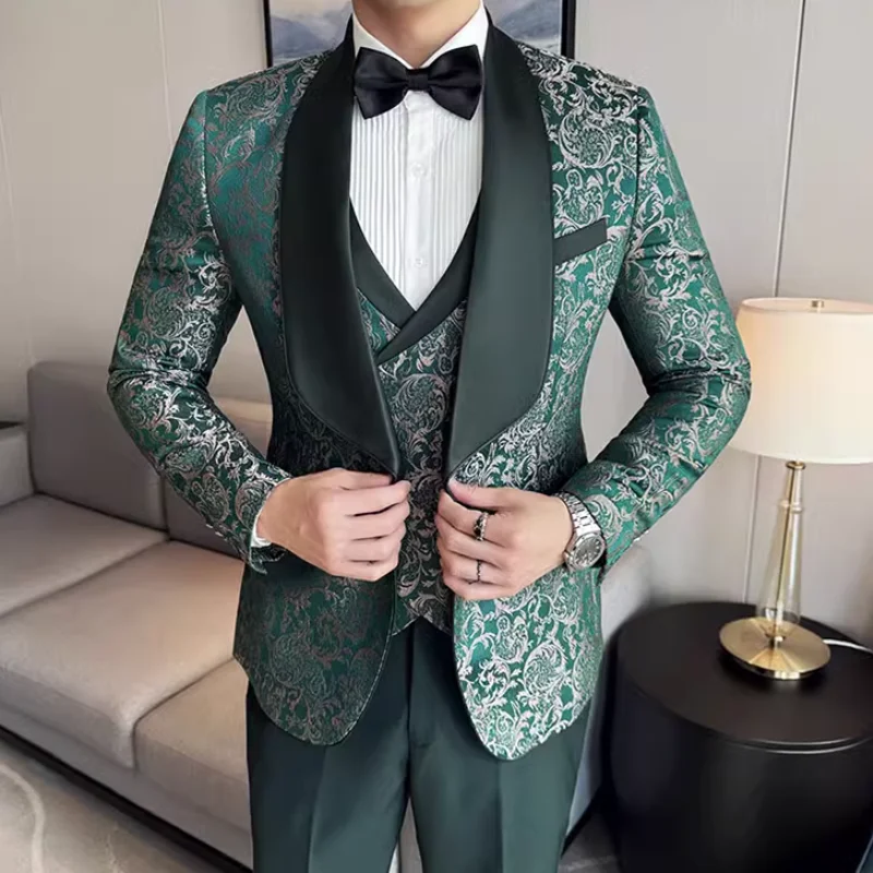 Men Wedding Jacquard Suits Fashion Male Business Social Dance Party Dress Blazers Pant Vest