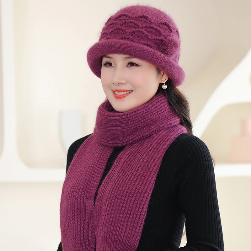 

Winter Hat Middle Aged Basin Cap Plush Wool Hat Scarf Set For Women Outdoor Cold Proof Warm Fashion Rabbit Fur Knitted Hats