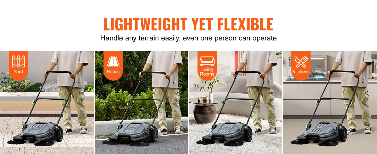 SucceBuy Walk-behind Hand Push Floor Sweeper 25.6" Sweeping Width Floor Sweeper 5-Gal Waste Container Angle & Height Adjustable