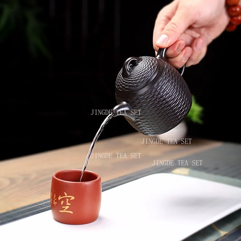 260ml 14 Hole Yixing Black Clay Purple Clay Teapot High End Handmade Bamboo Woven Teapot for Household Use Kung Fu Tea