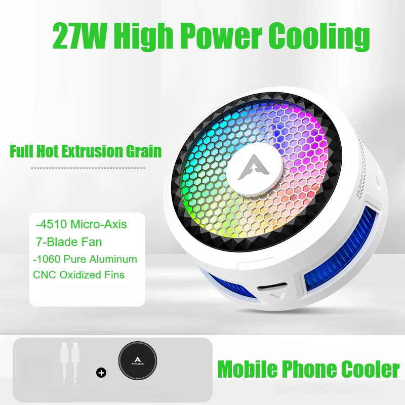 27W 고출력 휴대폰 쿨러 공기 흡입 냉각 30x30mm TEC 칩 1060 알루미늄 핀 RGB 마그네틱 휴대폰 방열판 (게이밍용)