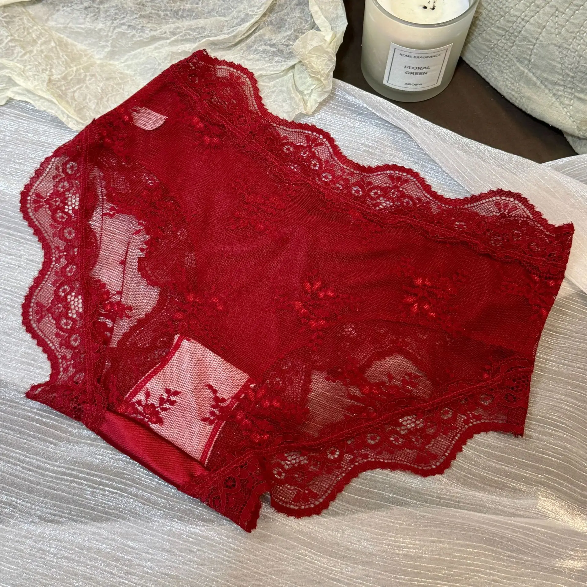 Red Sexy Lace Underwear Basic Style Low Waist Breathable Soft Comfortable Micro Translucent Exquisite Hooked Flower Design Br...