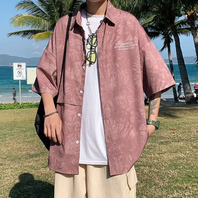 Shirts Men Turn-down Collar Loose Spring Summer Thin Tie Dye Button Short Sleeve Pockets Fashion Casual