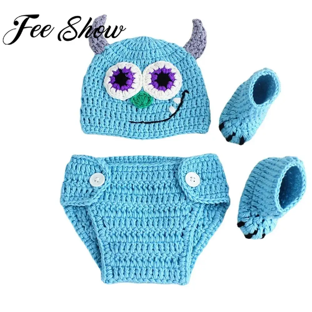 

Children Cute Photography Costume Accessories Set Handmade Knit Cartoon Beanie Hat with Panties Shoes for Baby Shower Party