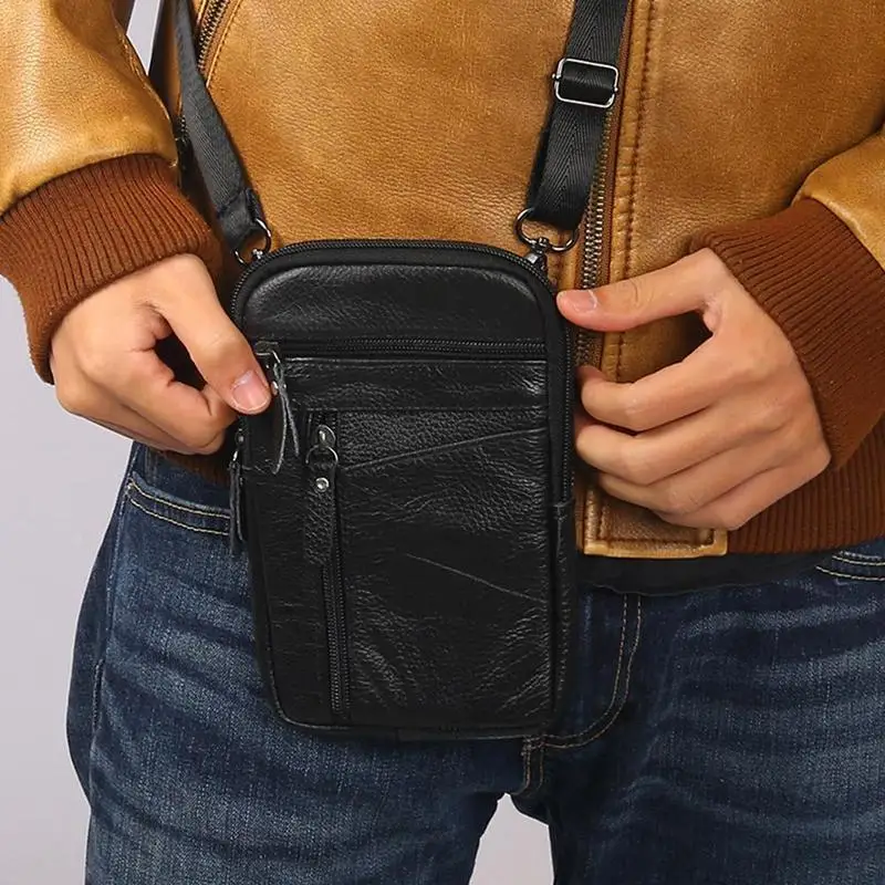 Vertikale Herren-Handytasche aus echtem Leder, multifunktionale Gürteltasche mit diebstahlsicherem Reißverschluss, kann als Gürteltasche getragen werden. – Detail 12