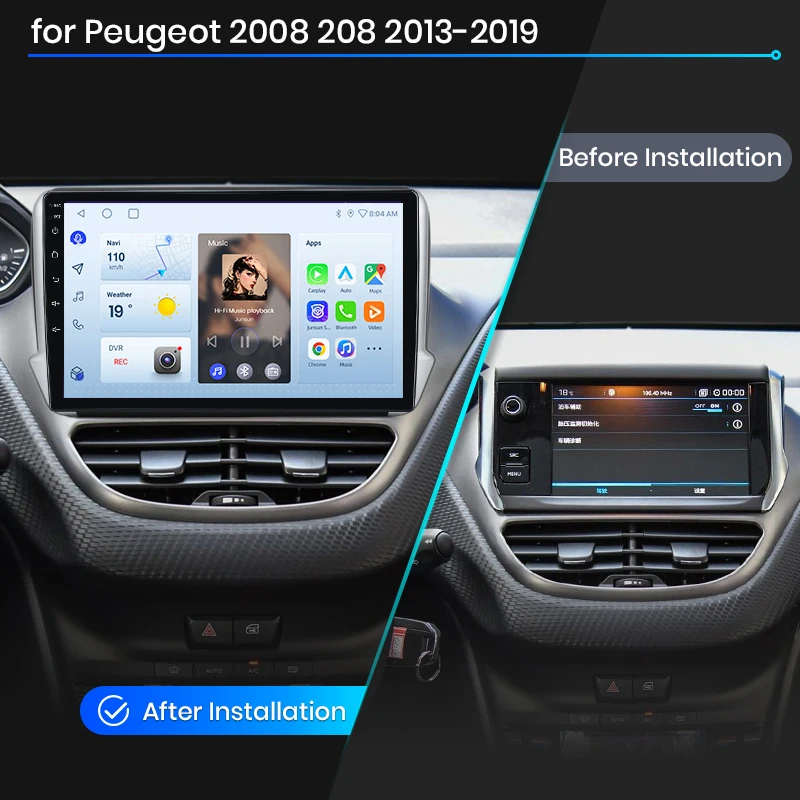 Radio para coche Junsun con CarPlay inalámbrico y Android Auto para Peugeot 208 / 2008 Mk1 2012-2019, ventilador de refrigeración integrado, navegación GPS Android, reproductor multimedia, WiFi, DSP, RDS, BT, SWC, pantalla táctil IPS, autorradio, reproductor de vídeo, unidad principal estéreo. 2
