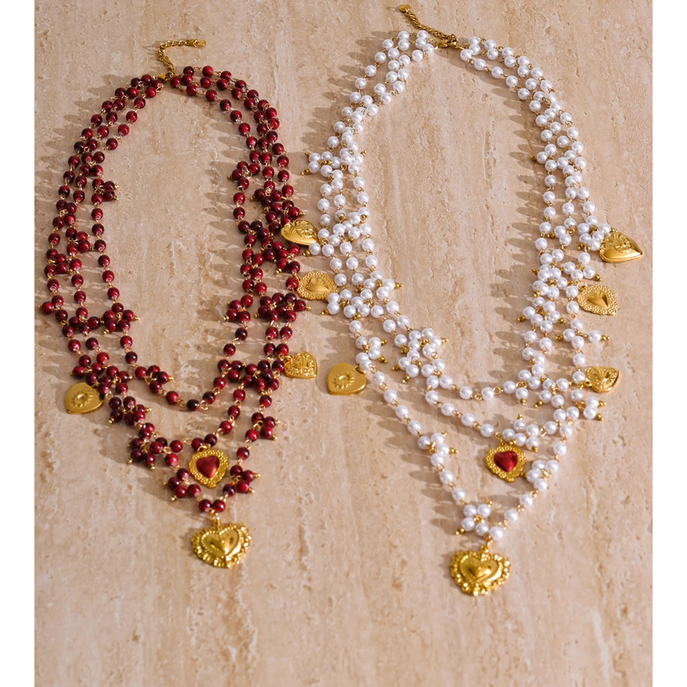 Yhpup Simulated Pearls Layered Chain Heart Drop Necklace Stainless Steel