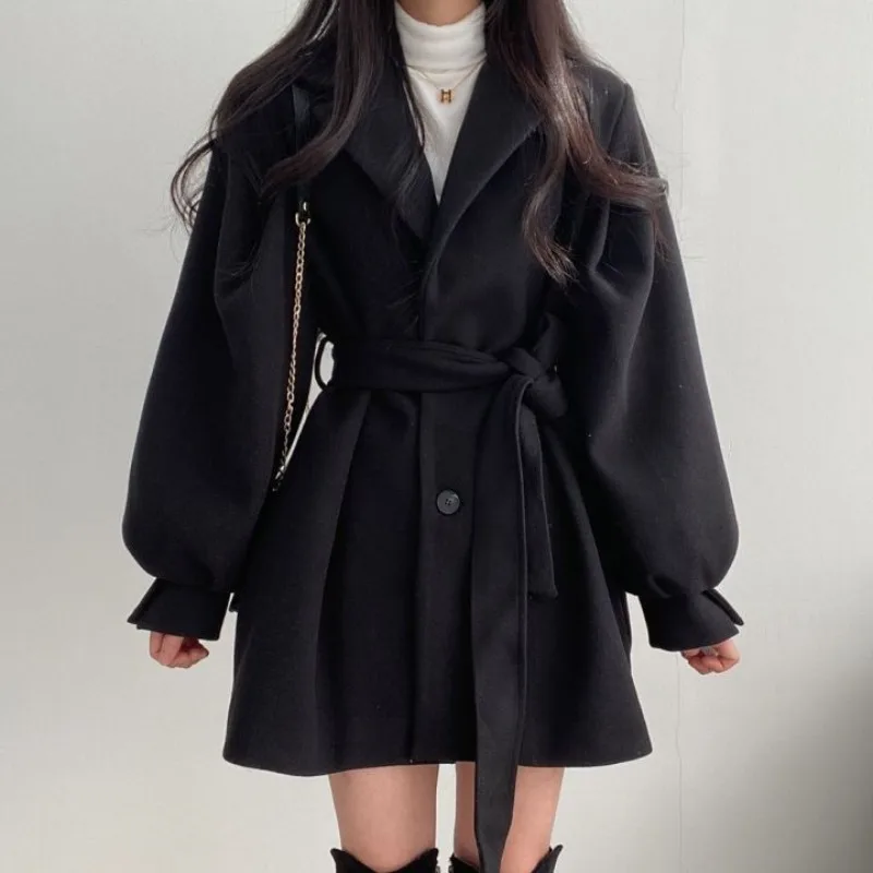 Women Solid Wool Blend Coat Slim Fit Belt Coats Female Warm Cotton Thicker V-neck Office Lady Elegant Trendy Button Outwear Ins