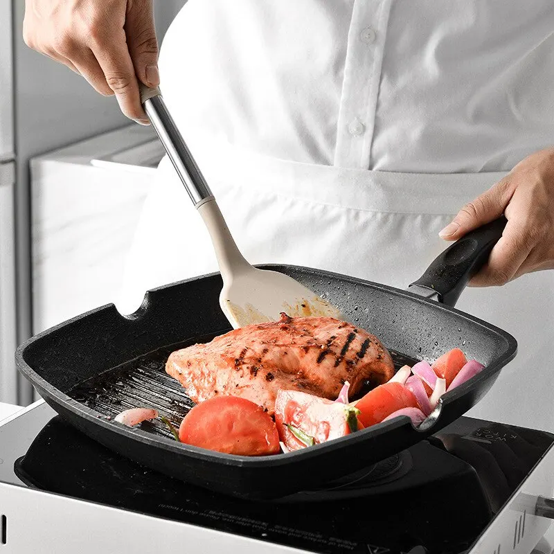Silicone Cookware Set 13 PCS Silicone Kitchen Utensil Stainless Steel Handle Kitchen Cooking Baking Tools Storage Bucket