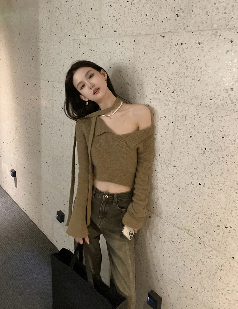 Women Off The Shoulder Knit Cropped Jumper With Overlay Detail And Skinny Matching Scarf