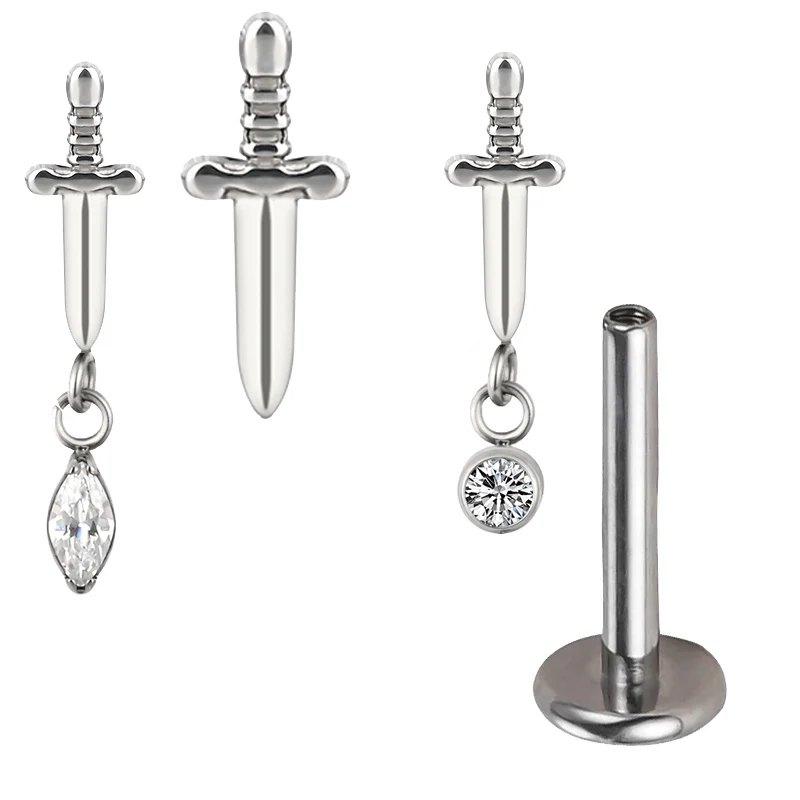 

ASTM F136 Titanium Sword Pendant PIERC Labret Lip Stud Ear Cartilage Tragus Helix Piercing Threaded Ear Studs Body Jewelry