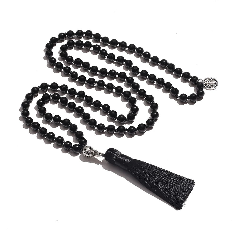 108 Mala Beads Necklace Black Onyx 8MM Rosary Meditation Jewelry Japamala Tassel Necklace with Tree of Life Pendant